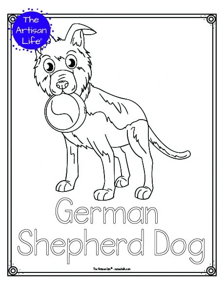 A preview of a printable dog breed coloring page with a German shepherd dog to color. The dog breed's name is below the coloring image and there is a doodle frame to color around the edge of the page. 