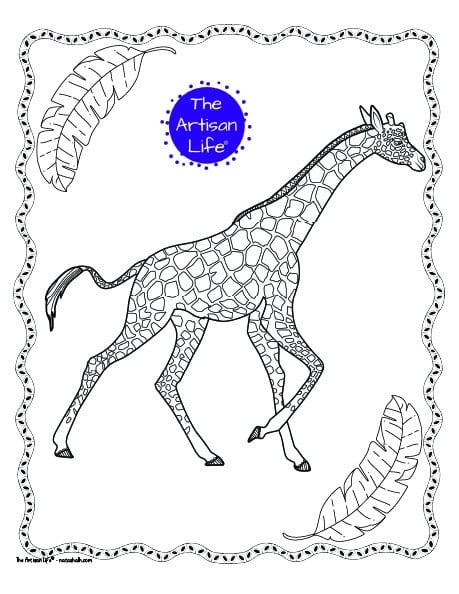A walking giraffe coloring page for adults with complex patterns to color and a doodle border. There are also two large banana leaves to color.