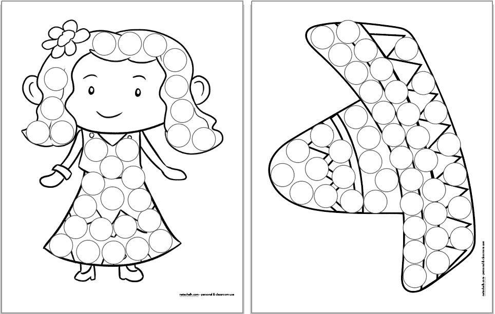 Two dab it marker coloring pages for children. On the left is a girl in a dress and on the right is a sombrero.
