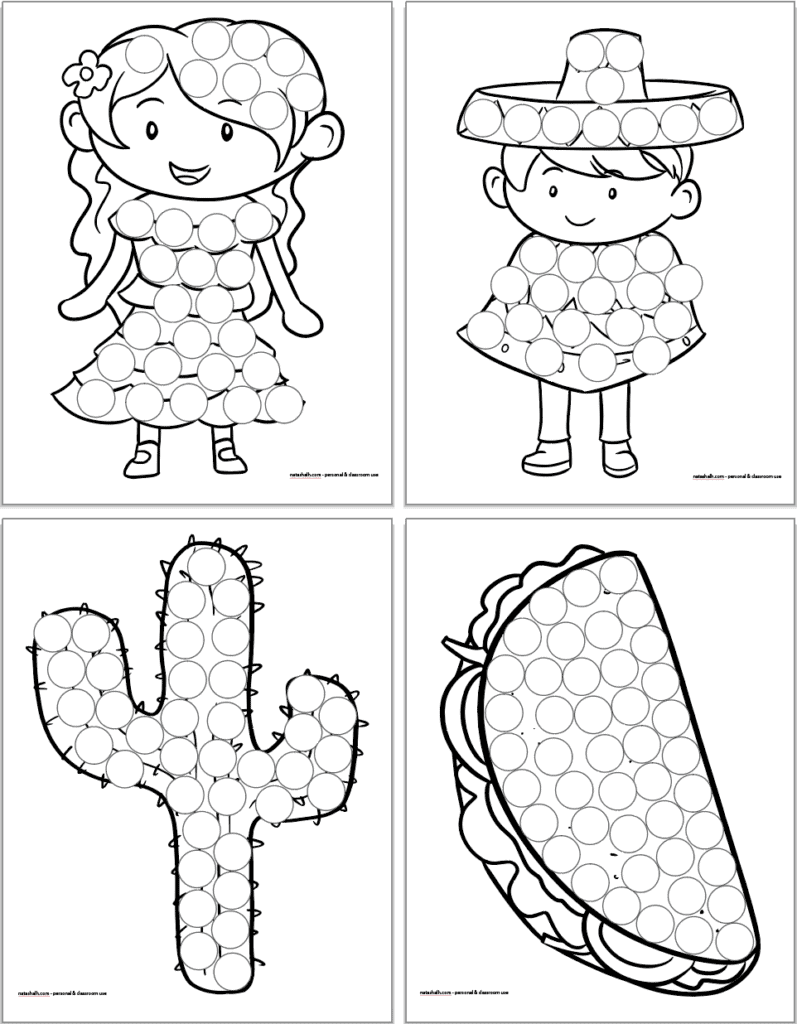 Four do a dot marker coloring pages for young children. Images include a boy and girl in Mexican dress, a cactus, and a taco.