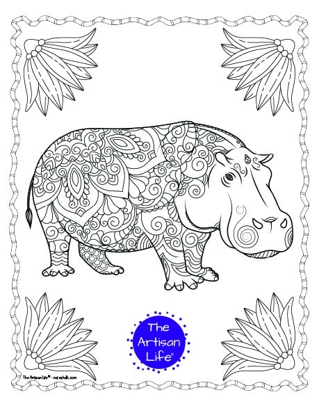 A hippo coloring page for adults with complex patterns to color and a doodle border. There is a large flower in each corner of the page.