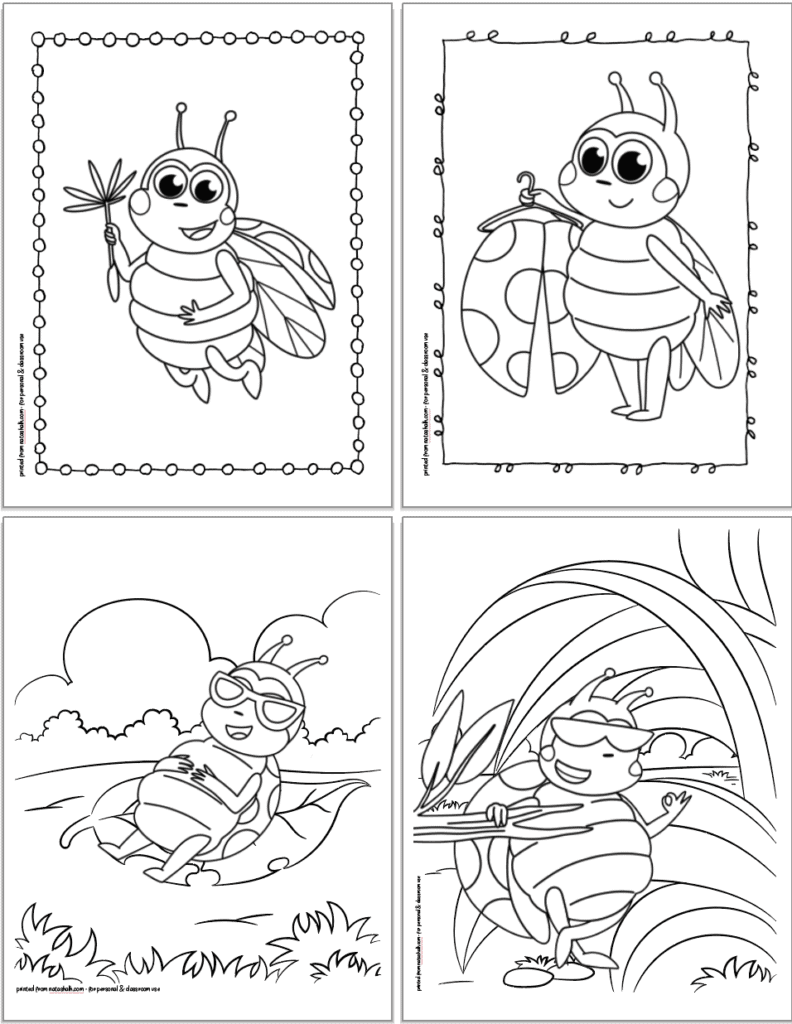Four free printable ladybug coloring pages for kids in a 2x2 grid. The pages show: a ladybug flying with a dandelion seed, a ladybug hanging her spotted wings on a coat hoot, a ladybug relaxing on a flower, and a ladybug with sunglasses