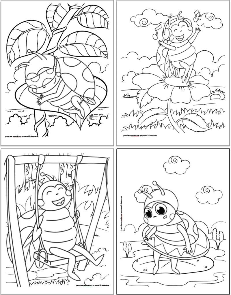 Four free printable ladybug coloring pages for kids in a 2x2 grid. The pages show: a ladybug sleeping on a leaf, a ladybug dancing on a flower, a ladybug on a swing, and a ladybug with a float ring standing on a lily pad.