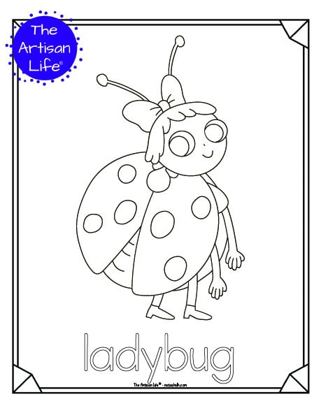 A cute insect coloring page for children with a doodle frame, a ladybug to color, and "ladybug" in a bubble font to color