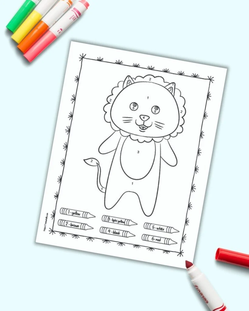 An easy lion color by number page for children with numbers 1-6 to color. The page is shown on a blue background with colorful children's markers. 
