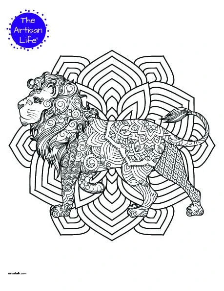 A lion coloring page for adults with complex patterns to color. A mandala to color is behind the lion.