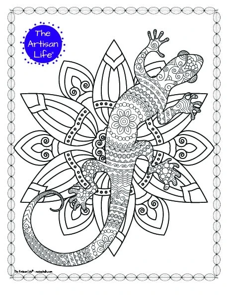 A lizard coloring page for adults with complex patterns to color. The lizard is over an abstract mandala to color.