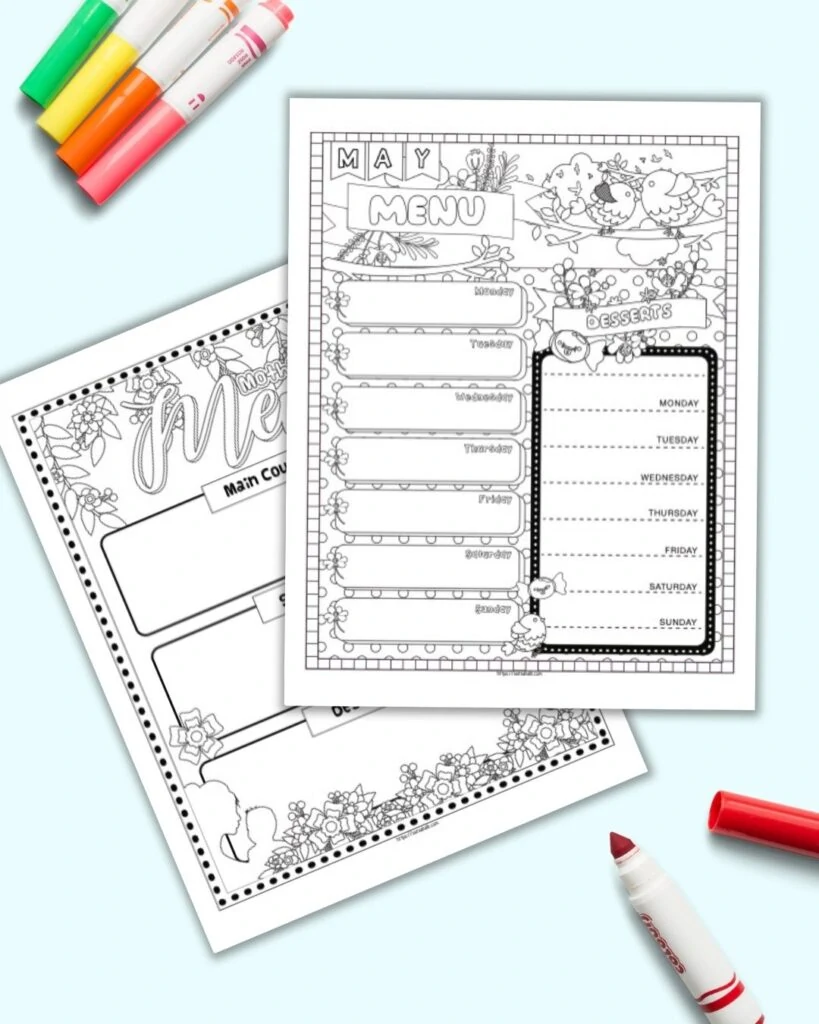 Two black and white menu planners with decorative elements to color. The front page is a May menu planner with space to plan meals and desserts for each day of the week. The page behind is a Mother's Day menu planner with space to plan the main course, sides, and desserts.