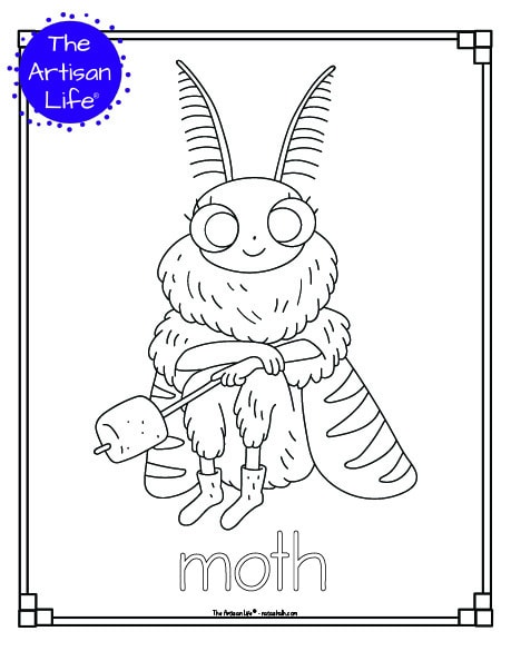 A cute insect coloring page for children with a doodle frame, a cute moth to color, and "moth" in a bubble font to color