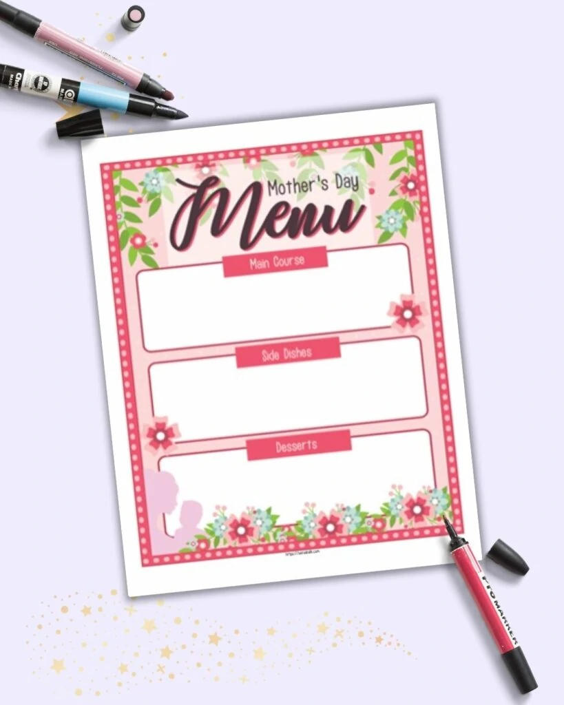 A colorful Mother's Day menu planner with space to plan the main course, sides, and desserts. The page is mostly pink with a floral theme.