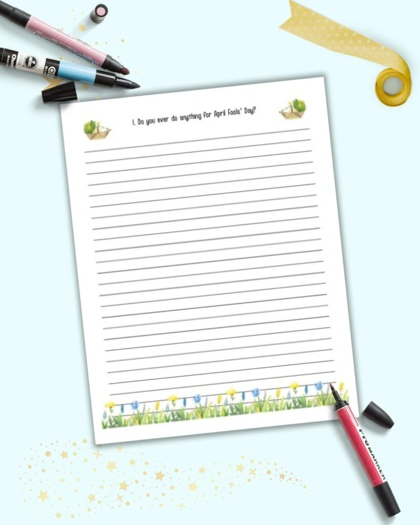A free printable journal page for April 1 with floral watercolor illustrations. At the top of the page is the writing prompt "Do you ever do anything for April Fools Day?"