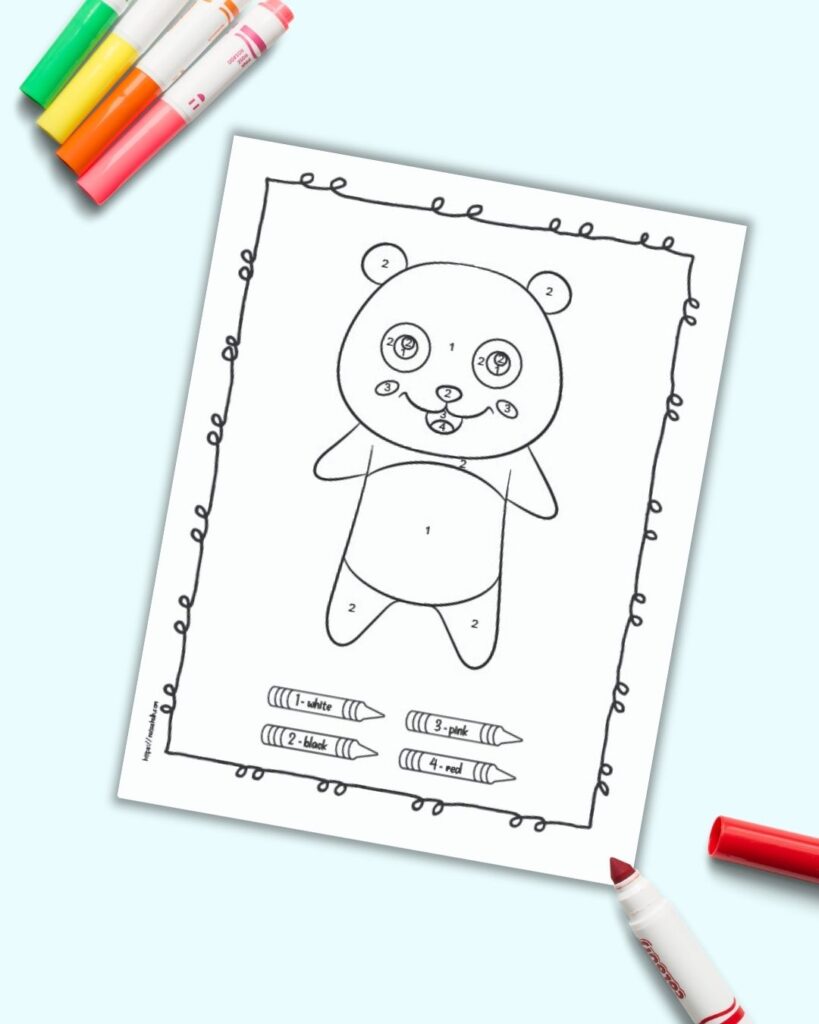 An easy panda color by number page for children with numbers 1-4 to color. The page is shown on a blue background with colorful children's markers. 