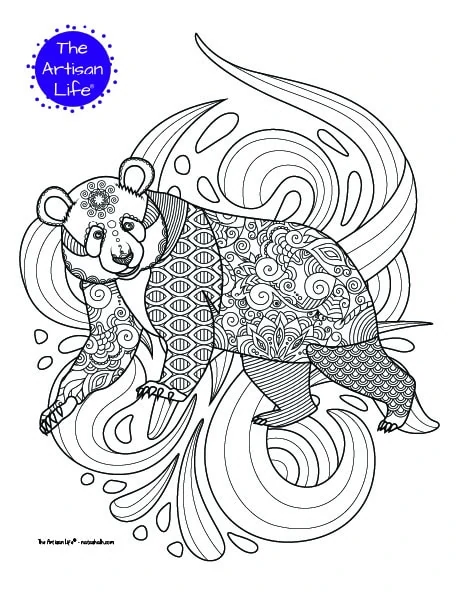 A walking panda coloring page for adults with complex patterns to color. The panda is in front of abstract swirled wave designs to color.