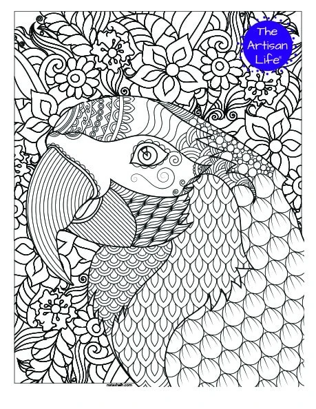 A parrot head coloring page for adults with complex patterns to color. The parrot is over a complex floral doodle pattern to color.