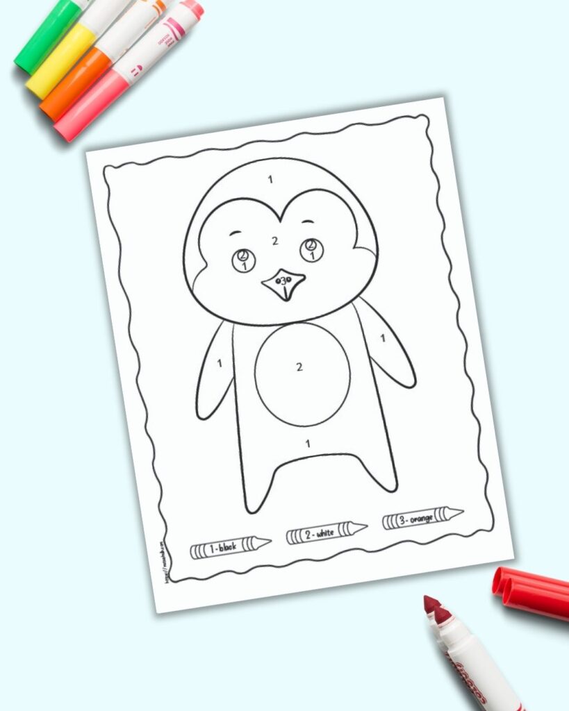An easy cute penguin color by number page for children with numbers 1-3 to color. The page is shown on a blue background with colorful children's markers. 