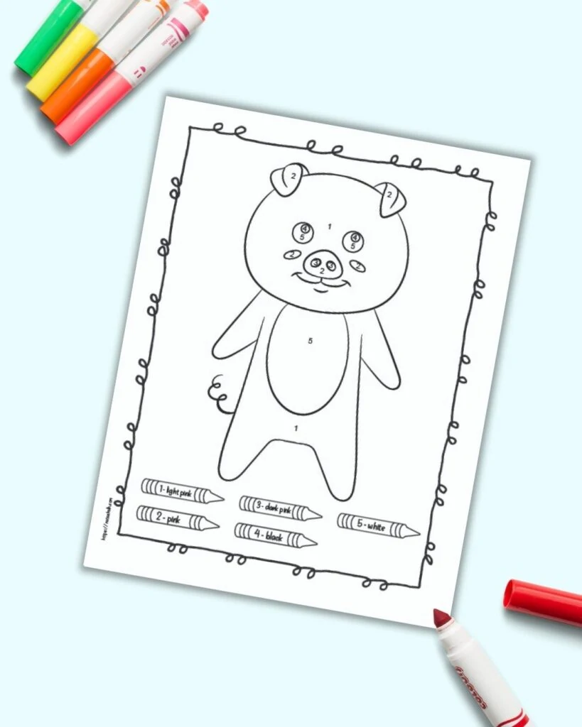 An easy bear color by number page for children with numbers 1-5 to color. The page is shown on a blue background with colorful children's markers. 