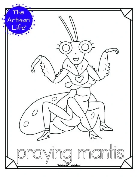 A cute insect coloring page for children with a doodle frame, a cute praying mantis to color, and "praying mantis" in a bubble font to color