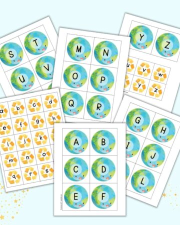 A preview of six pages of Earth Day themed alphabet matching card printables. There are large cards for each letter of the uppercase alphabet with the planet Earth and smaller cards with recycling symbols and lowercase letters.