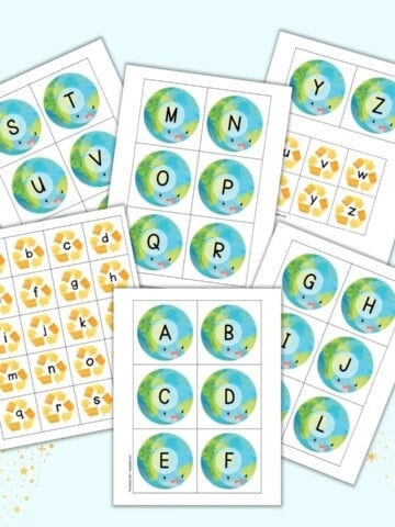 A preview of six pages of Earth Day themed alphabet matching card printables. There are large cards for each letter of the uppercase alphabet with the planet Earth and smaller cards with recycling symbols and lowercase letters.