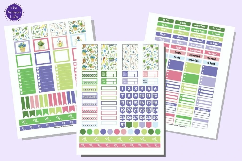 Three pages of planner sticker printables. Stickers have greens, purples, and pinks in a floral spring palette. Stickers include full boxes, half boxes, checklists, habit trackers, bill pay stickers, to do headers, washi tape, flags, and date stickers