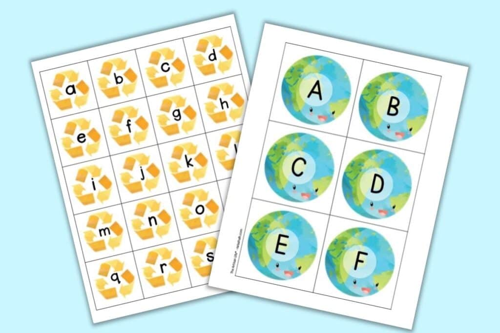 A mockup of two printable alphabet matching card pages with an Earth Day theme. One page has uppercase letters on pictures of the planet Earth. The other page has lowercase letters in the center of a recycling symbol.