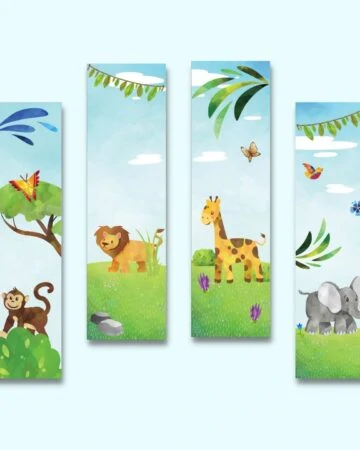 four free printable safari animal bookmarks for children on a blue background