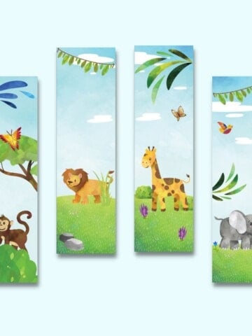 four free printable safari animal bookmarks for children on a blue background