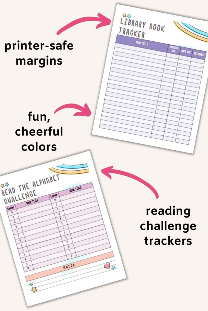A preview of a printable library book tracker and a read the alphabet challenge tracker printable