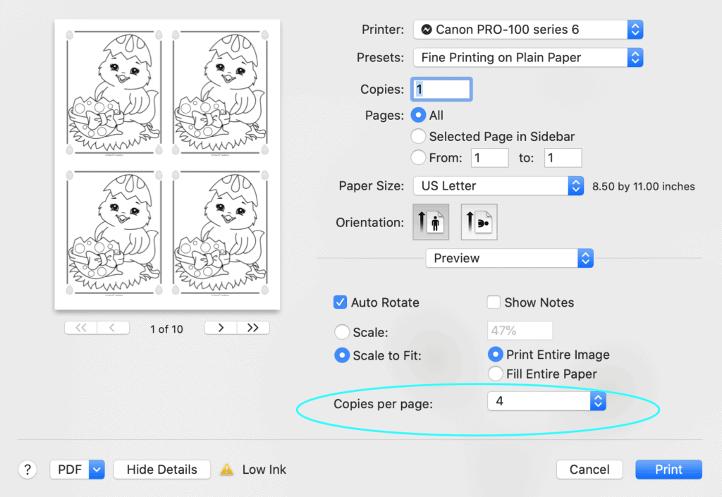 A print dialogue box from Mac Preview showing printing four Easter chick coloring pages four to a page