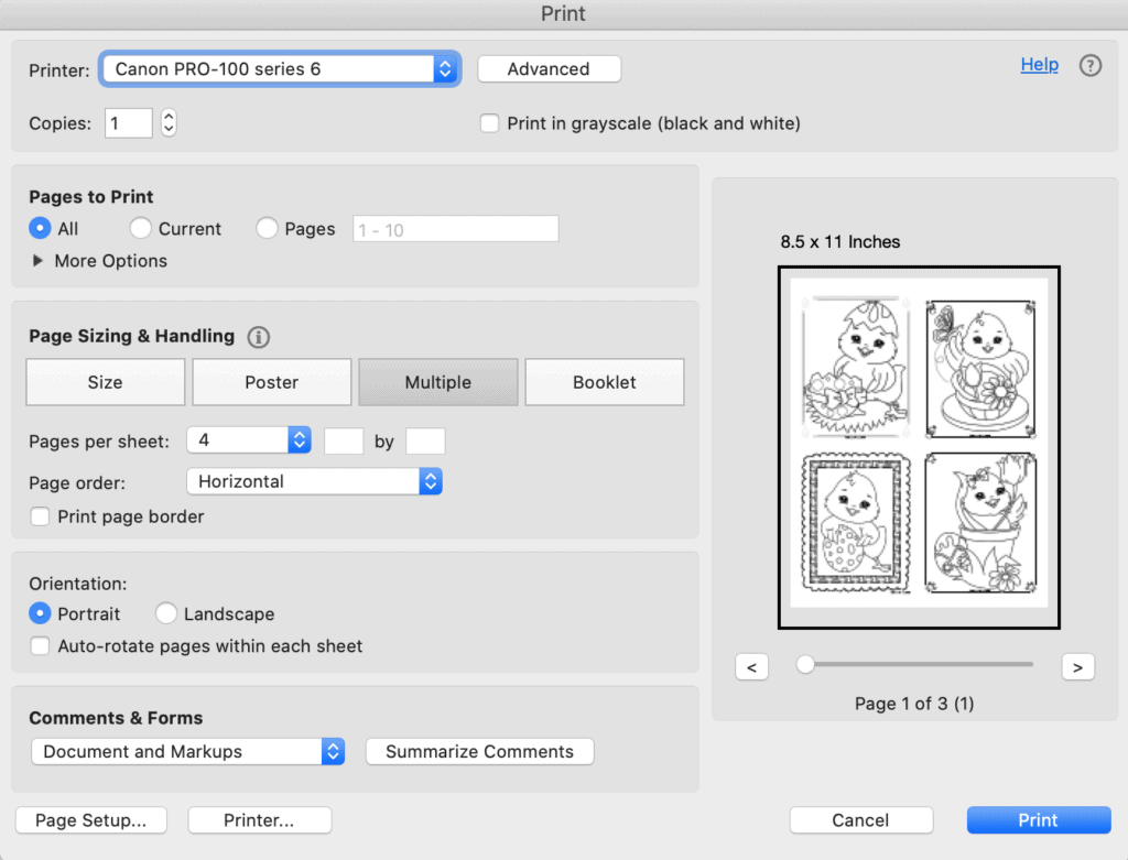 A print dialogue box from Acrobat Reader showing printing four Easter chick coloring pages four to a page