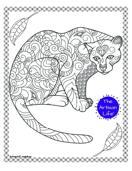 A puma coloring page for adults with complex patterns to color and a doodle border. Two tropical leaves are between the puma and the doodle frame.