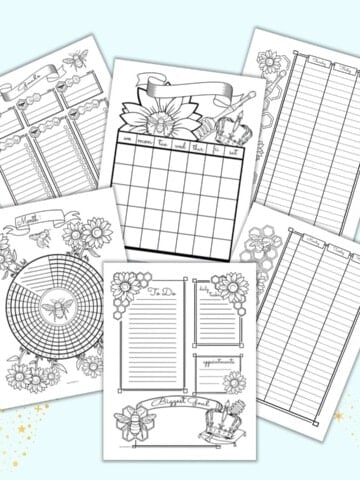 six printable queen bee planner inserts in a bujo style. Each page has bee designs. Pages include a daily log, two page weekly spread, monthly calendar, monthly habit tracker, and goals planner page