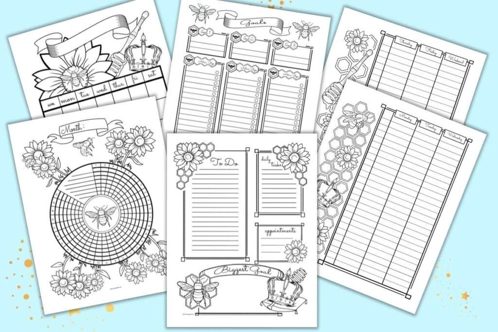 Six printable Queen Bee themed planner printables in a bullet journal style. Pages include a daily log, two page weekly spread, goals planner, monthly calendar, and habit tracker