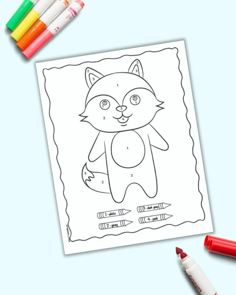 An easy raccoon color by number page for children with numbers 1-4 to color. The page is shown on a blue background with colorful children's markers. 