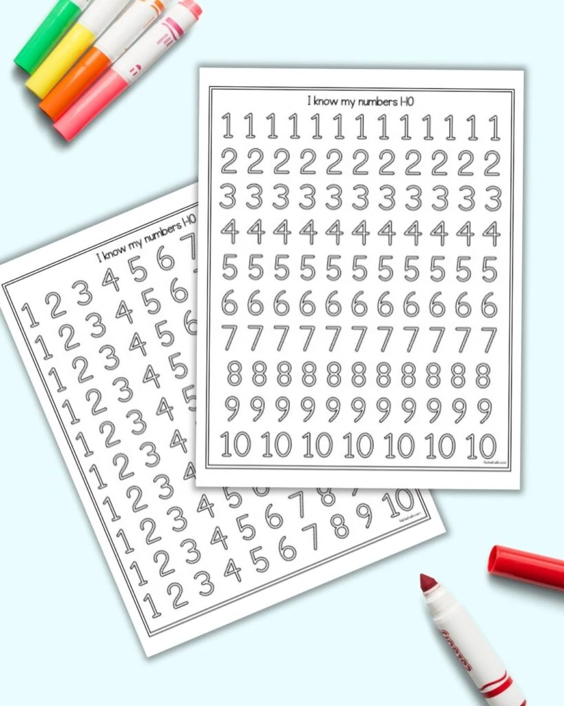 Two number tracing pages with numbers 1-10 to trace in bubble letters for rainbow writing. One page has numbers with a single numeral on each line (ie 1 1 1) and the other page has ten lines of numbers in numeral order (1 2 3). The pages are shown on a blue background with a red child's marker.