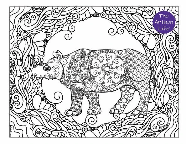 A rhino coloring page for adults with complex patterns to color. The rhino is on top of a complex abstract doodle design to color.
