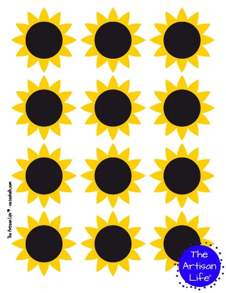 A page with 12 small colored sunflowers with flowers only, no stem
