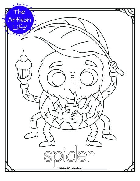 A cute insect coloring page for children with a doodle frame, a spider to color, and "spider" in a bubble font to color