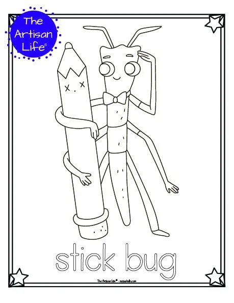 A cute insect coloring page for children with a doodle frame, a cute stick bug to color, and "stick bug" in a bubble font to color