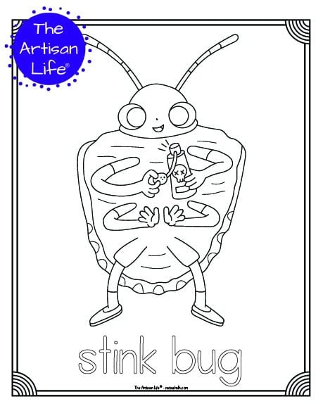 A cute insect coloring page for children with a doodle frame, a cute stink bug to color, and "stink bug" in a bubble font to color