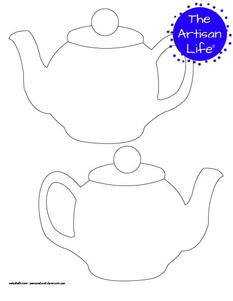 Two large printable black and white teapot templates on one page.