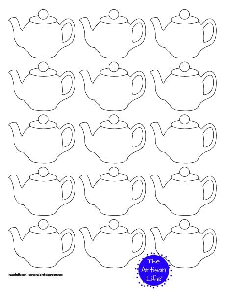 15 small teapot templates on a page. They are in 5 rows of three with the spouts facing left.