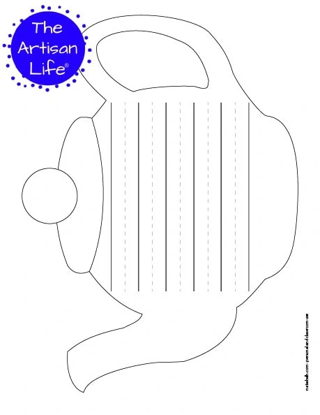 A large black and white teapot outline with five lines of writing lines with a doted midline for young children to write on