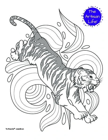 A jumping tiger coloring page for adults with complex patterns to color. The lion is in front of abstract swirled wave patterns to color.