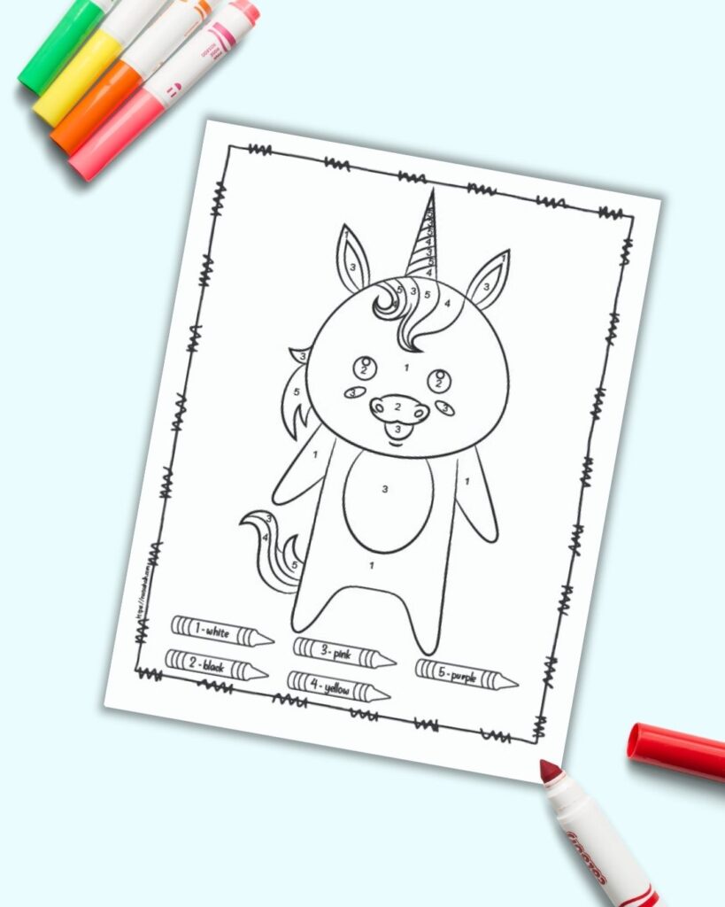 An easy unicorn color by number page for children with numbers 1-5 to color. The page is shown on a blue background with colorful children's markers. 