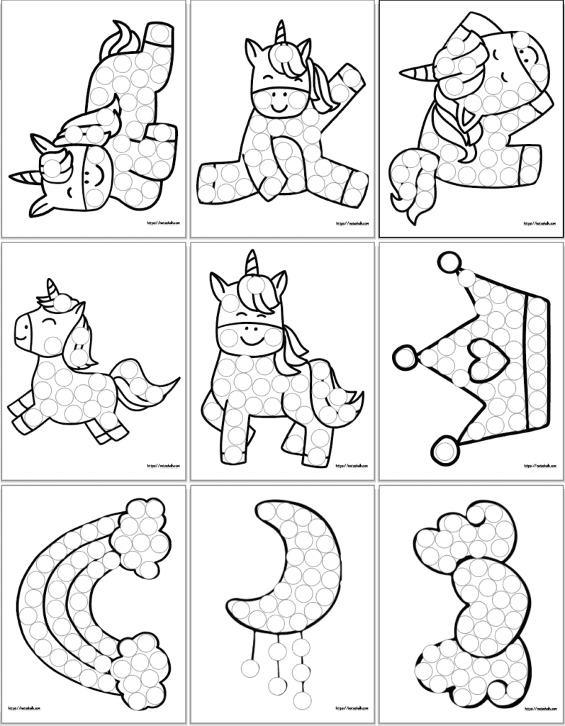 A 3x3 grid of free printable unicorn do a dot printables. Each page has a black and white unicorn or unicorn related image covered in blank circles to dot in. Five pages are unicorns, four are unicorn related items including a crown, a rainbow, a moon, and a heart with wings.