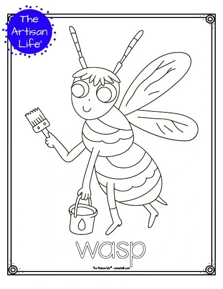 A cute insect coloring page for children with a doodle frame, a cute wasp to color, and "wasp" in a bubble font to color