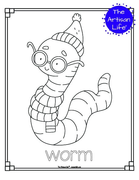A cute insect coloring page for children with a doodle frame, a worm to color, and "worm" in a bubble font to color