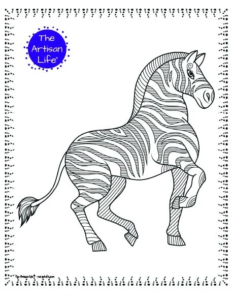 A zebra coloring page for adults with complex patterns to color and a doodle border