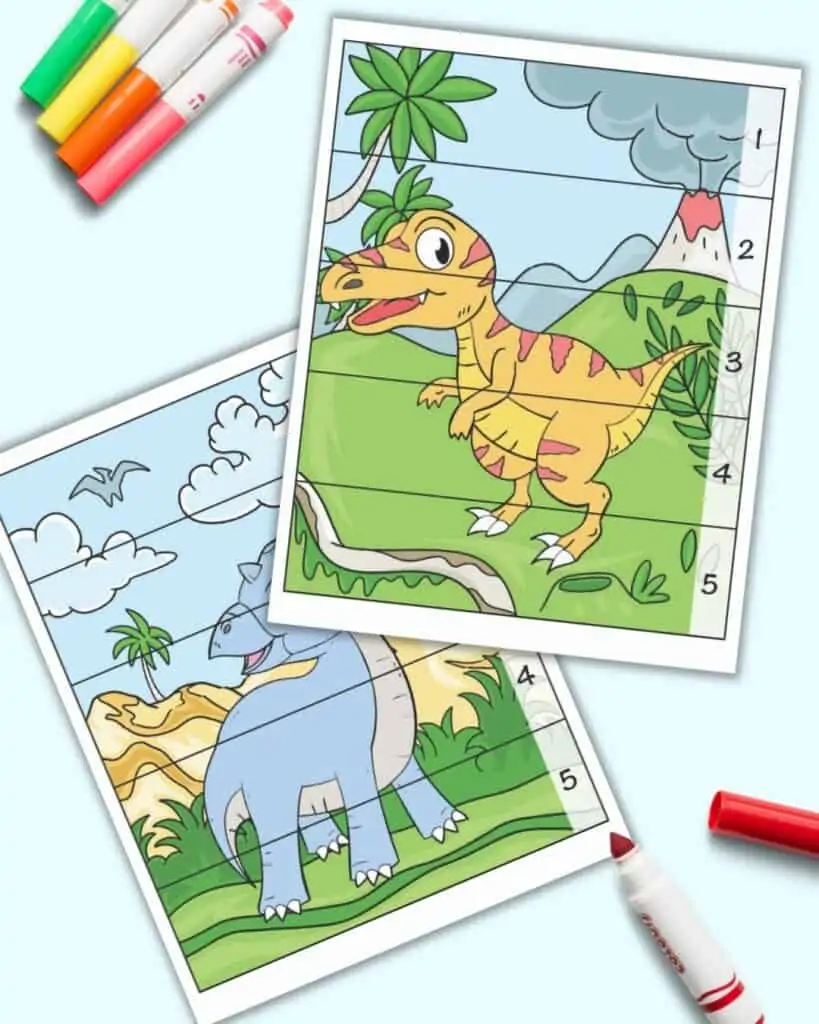 Two printable dinosaur themed counting puzzles. The dinosaur image is vertical and each page is divided into five rows with a number 1-5 on each row. 